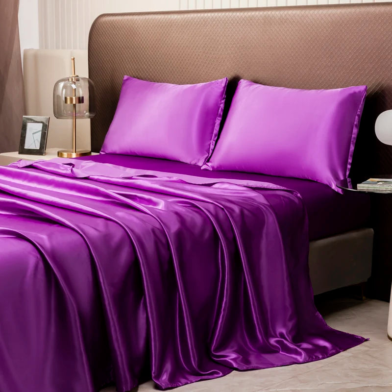 Satin Silk Bed Sheet with Pillowcase Twin/Full/Queen/King Top Sheets Solid Color Flat Bed Sheets Smooth Bed Sheet Sets