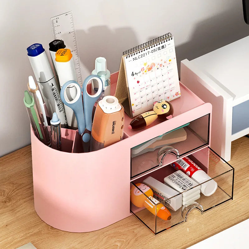 Simple Pen Holder With Drawer Multifunction Desktop Organizer Stationery Storage Box Student Office Desk Decorations