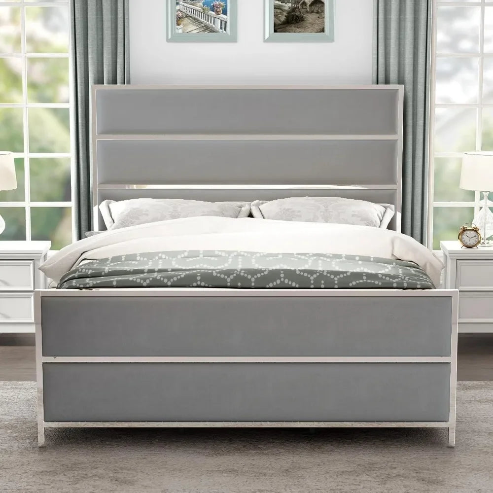 Queen Size Bed Frame with 59" Tall Headboard, Velvet Upholstered Platform Bed with Channel Tufted and Silver Trim Footboard