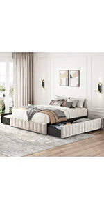 Queen Frame Upholstered Platform Bed With Fabric Headboard, Wing Edge Design/Non-Slip And Noise-Free/Wooden Slats