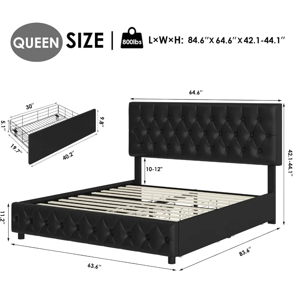 Queen Size Bed, with 4 Storage Drawers, Faux Leather Platform Bed, Solid Wood Slat Support, Modern Upholstered Bed