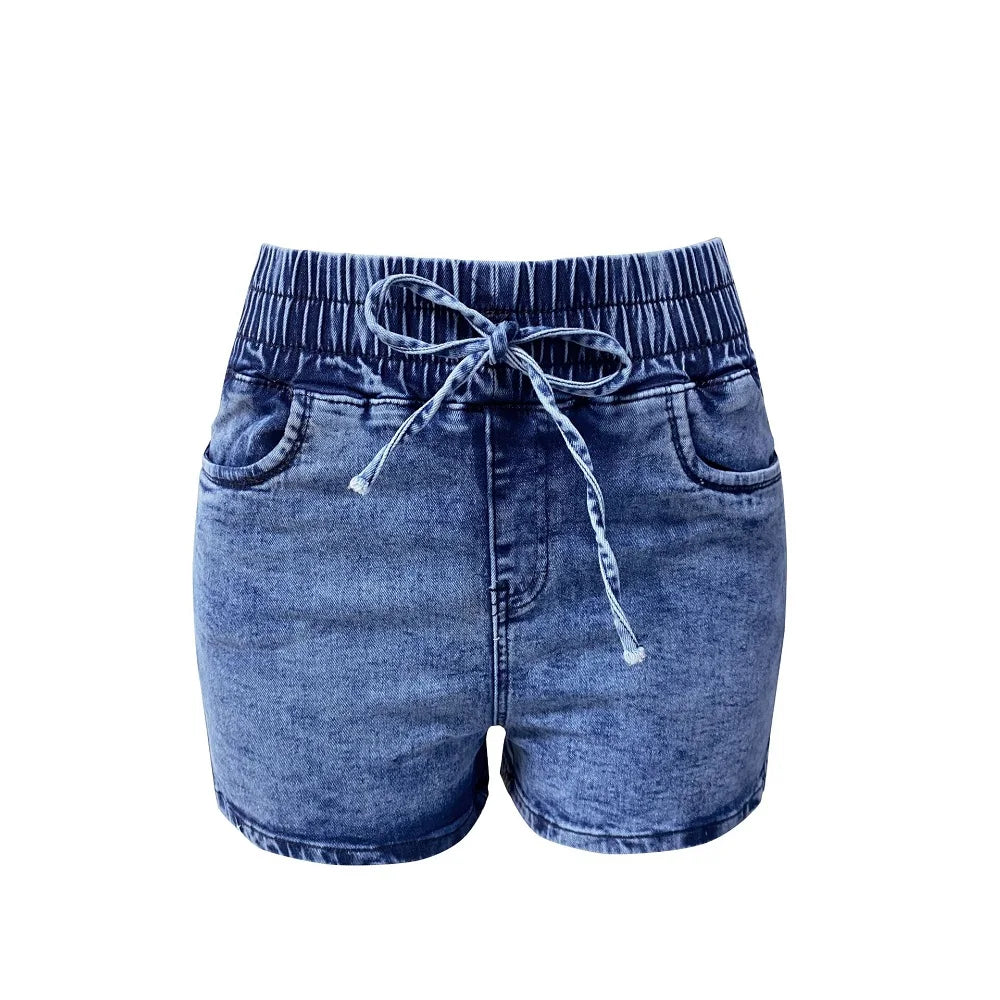 Women Summer Denim Shorts Ladies Elastic Waist Bandage Jeans Skinny Short Pants Feminina